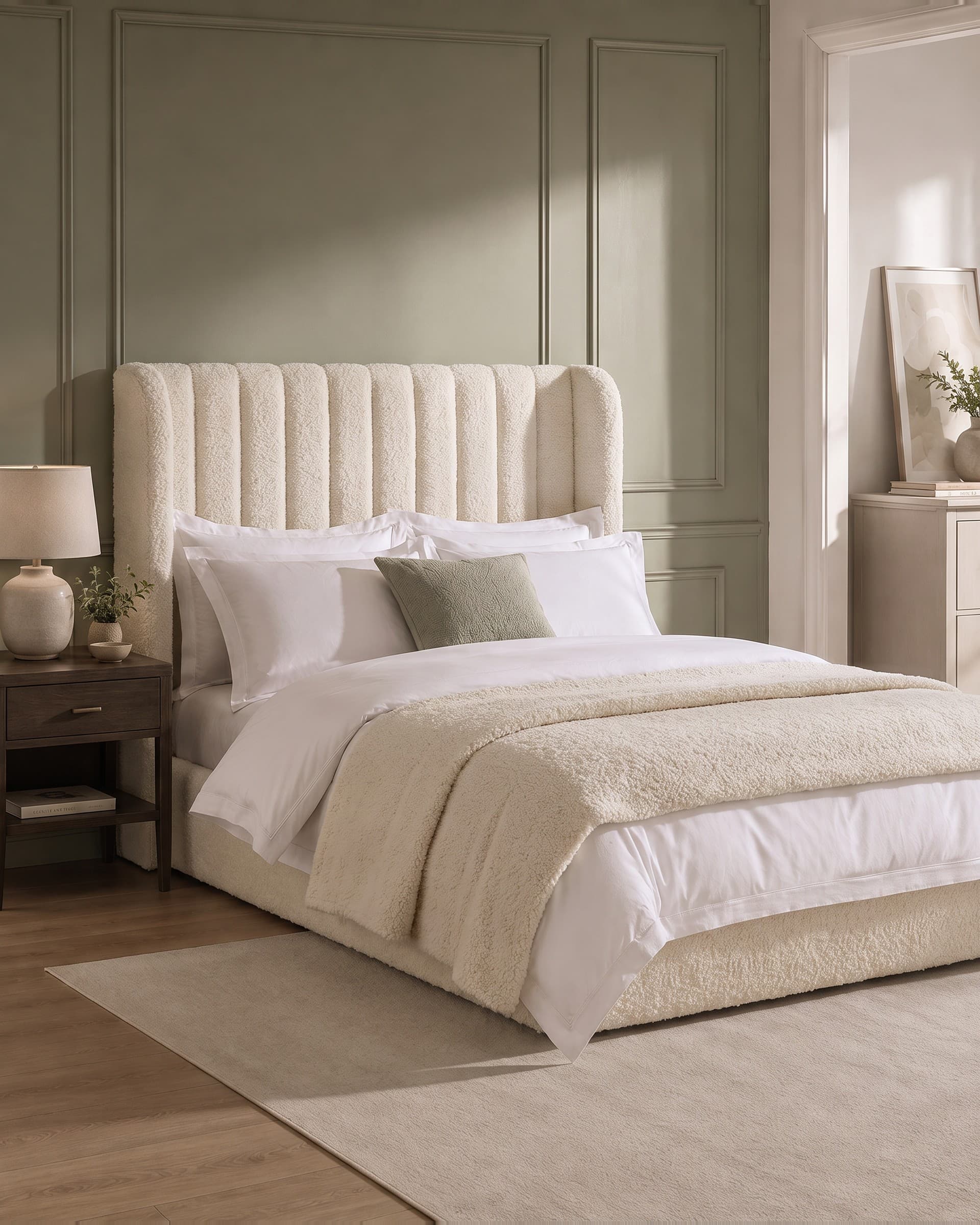 Ornette Fluted Winged Upholstered Bed Frame in teddy bouclé