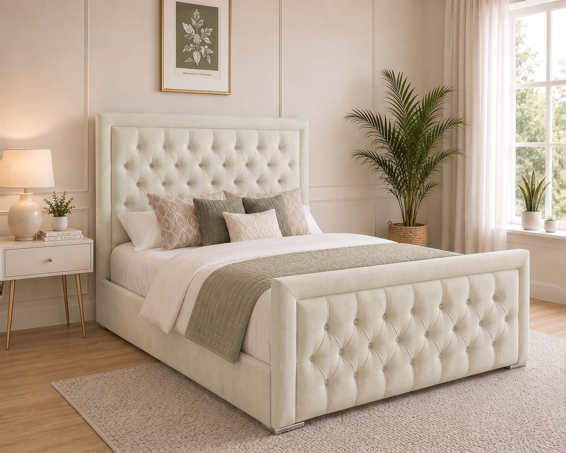 Pattonsburg bordered upholstered bed in cream Austin plush in a sunlit bedroom