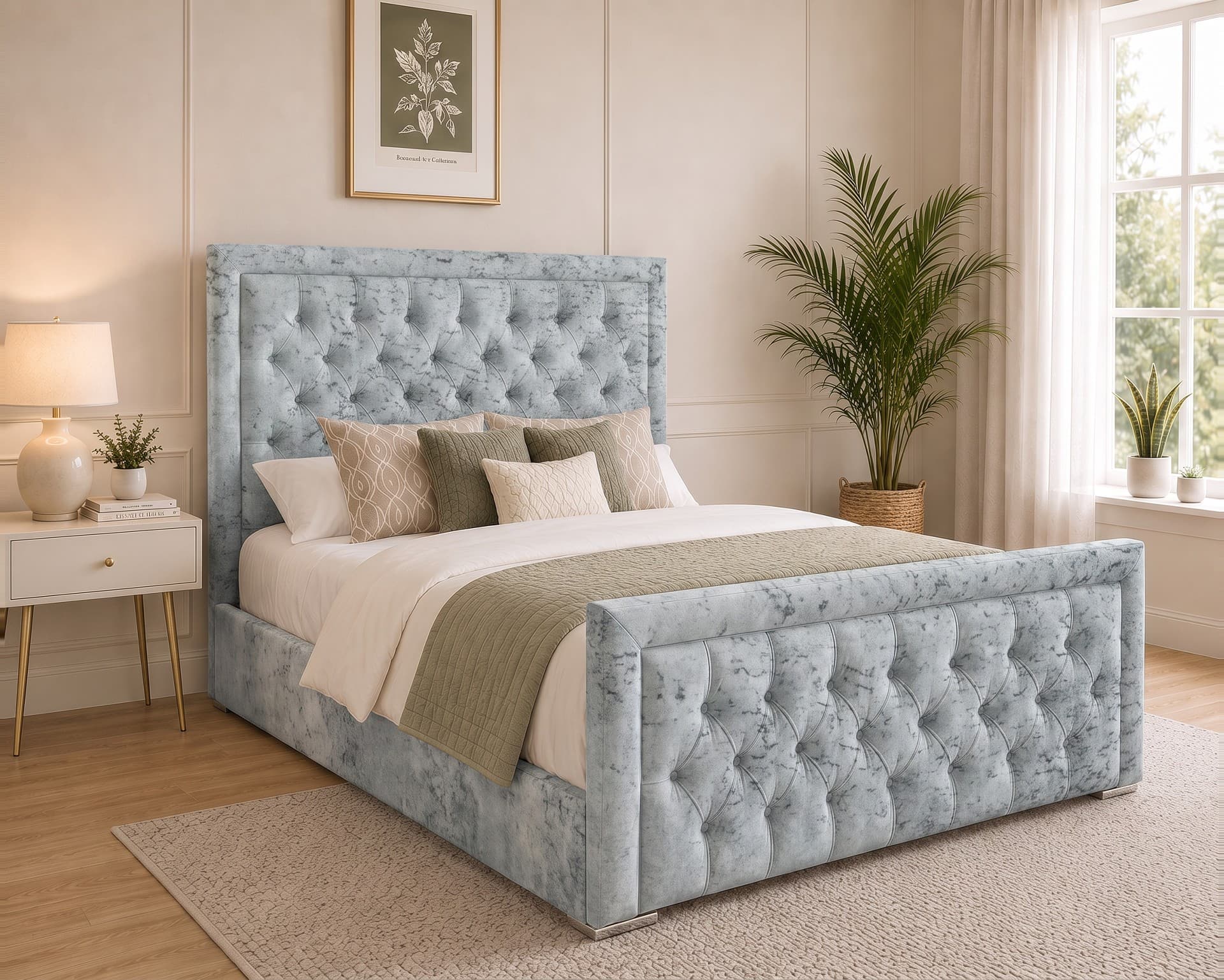 Pattonsburg Bordered Upholstered Bed Frame in silver Soft Marble velvet
