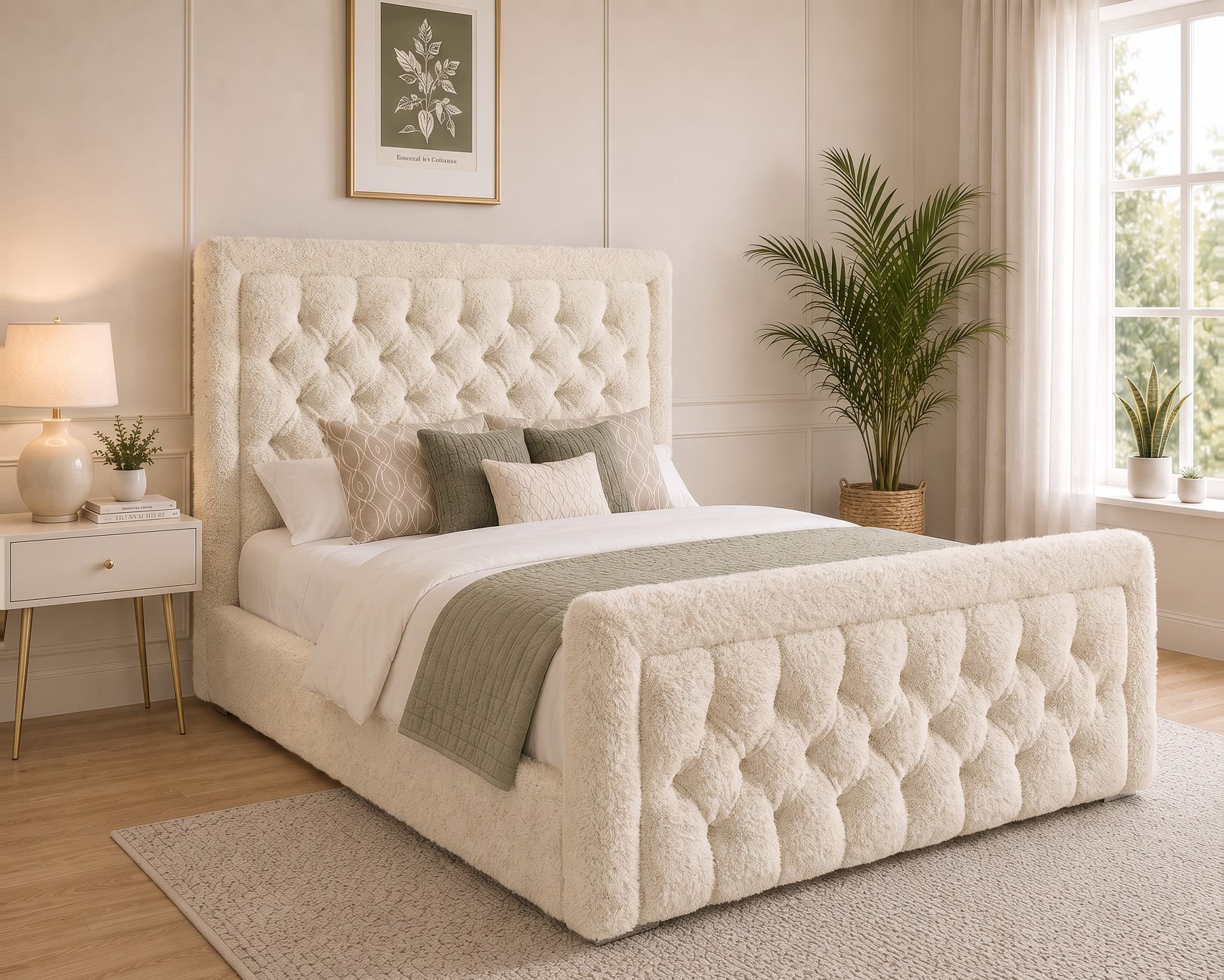 Pattonsburg Bordered Upholstered Bed Frame in teddy bouclé