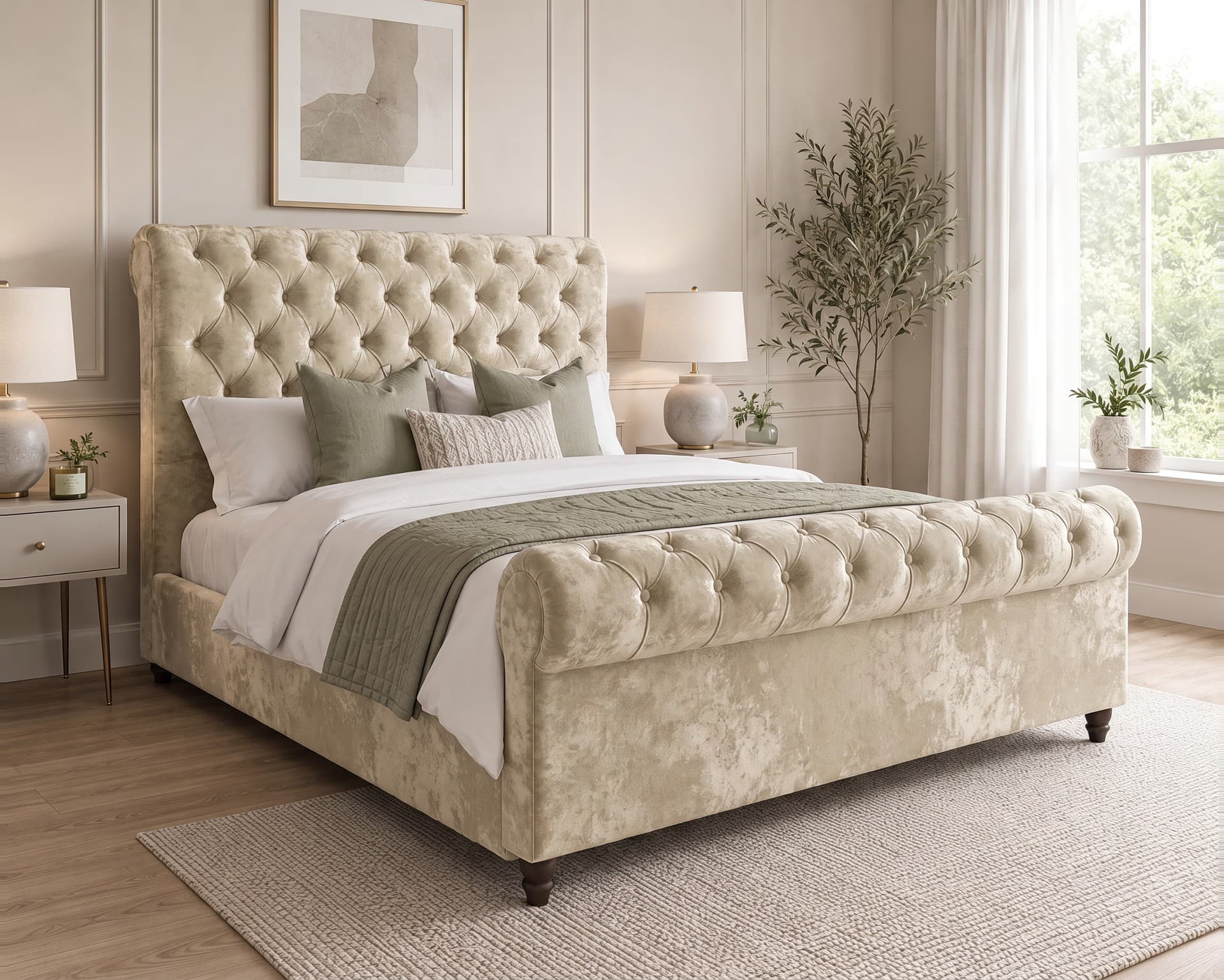 Sanayah Buttoned Sleigh Upholstered Bed Frame in Delta Velvet