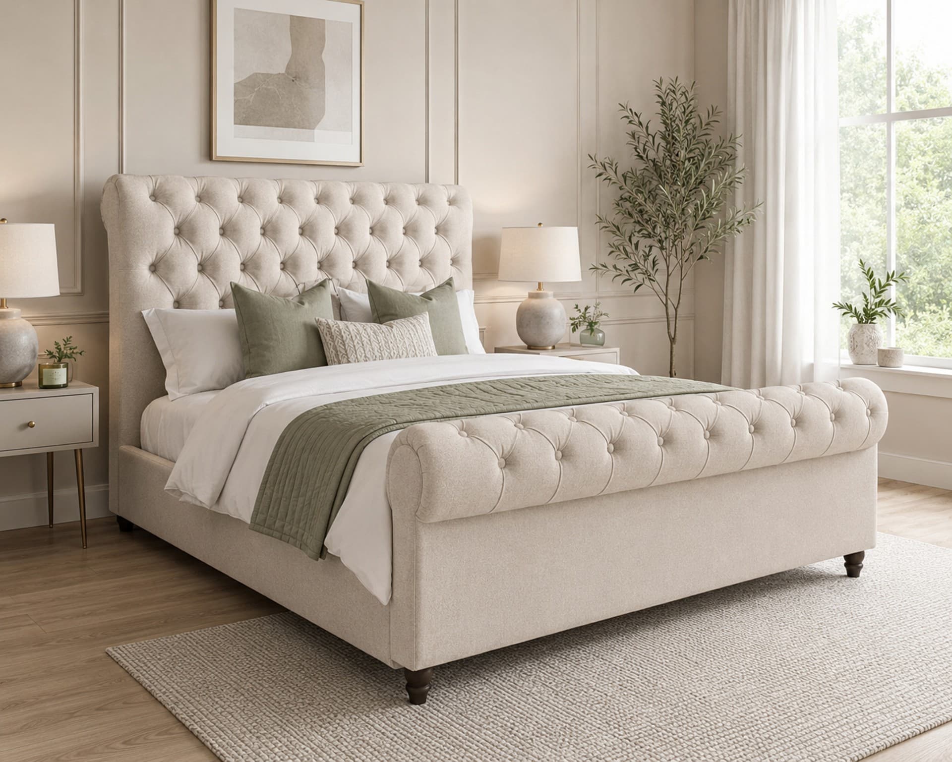 Sanayah Buttoned Sleigh Upholstered Bed Frame in French Velvet