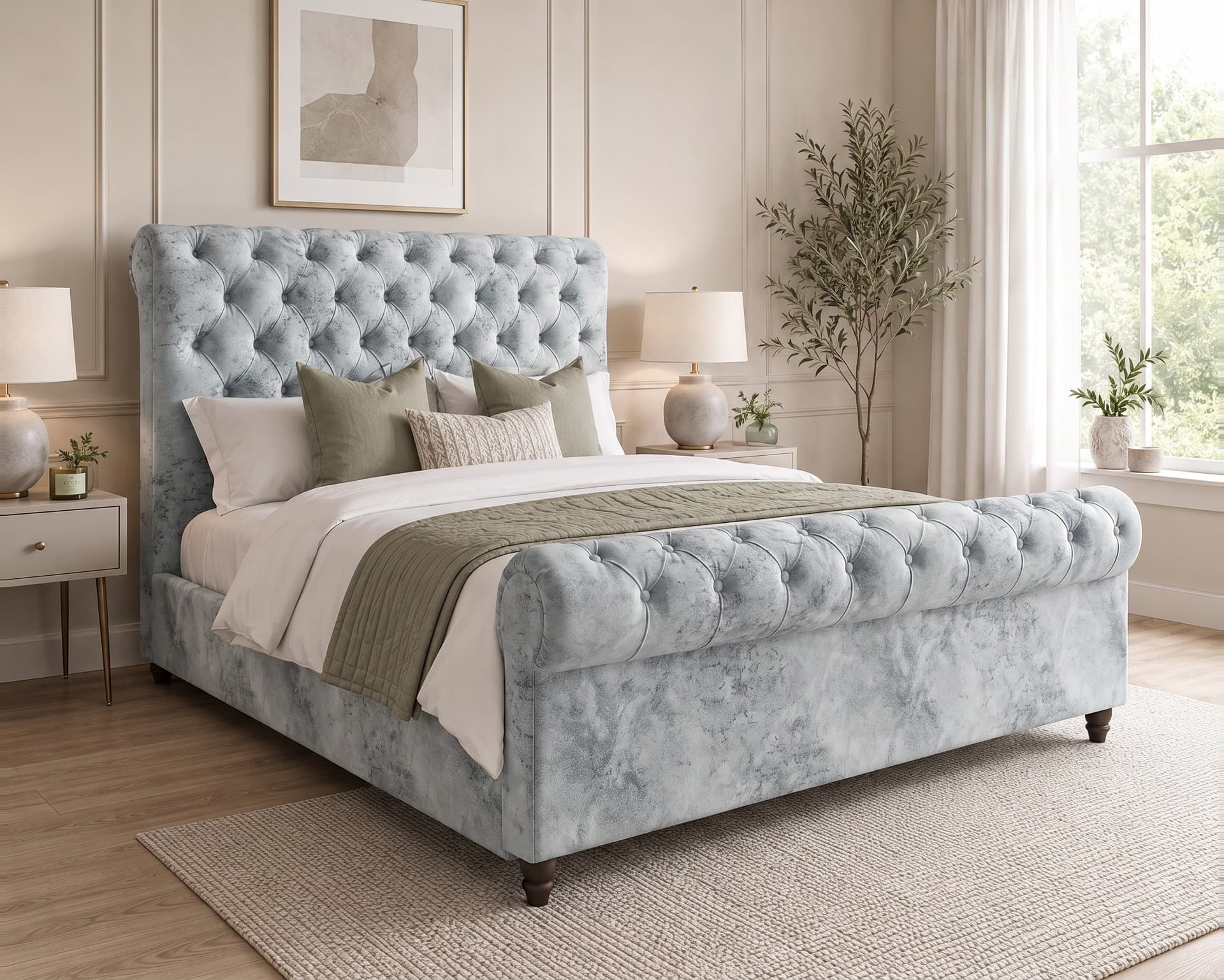Sanayah Buttoned Sleigh Upholstered Bed Frame in silver Soft Marble velvet