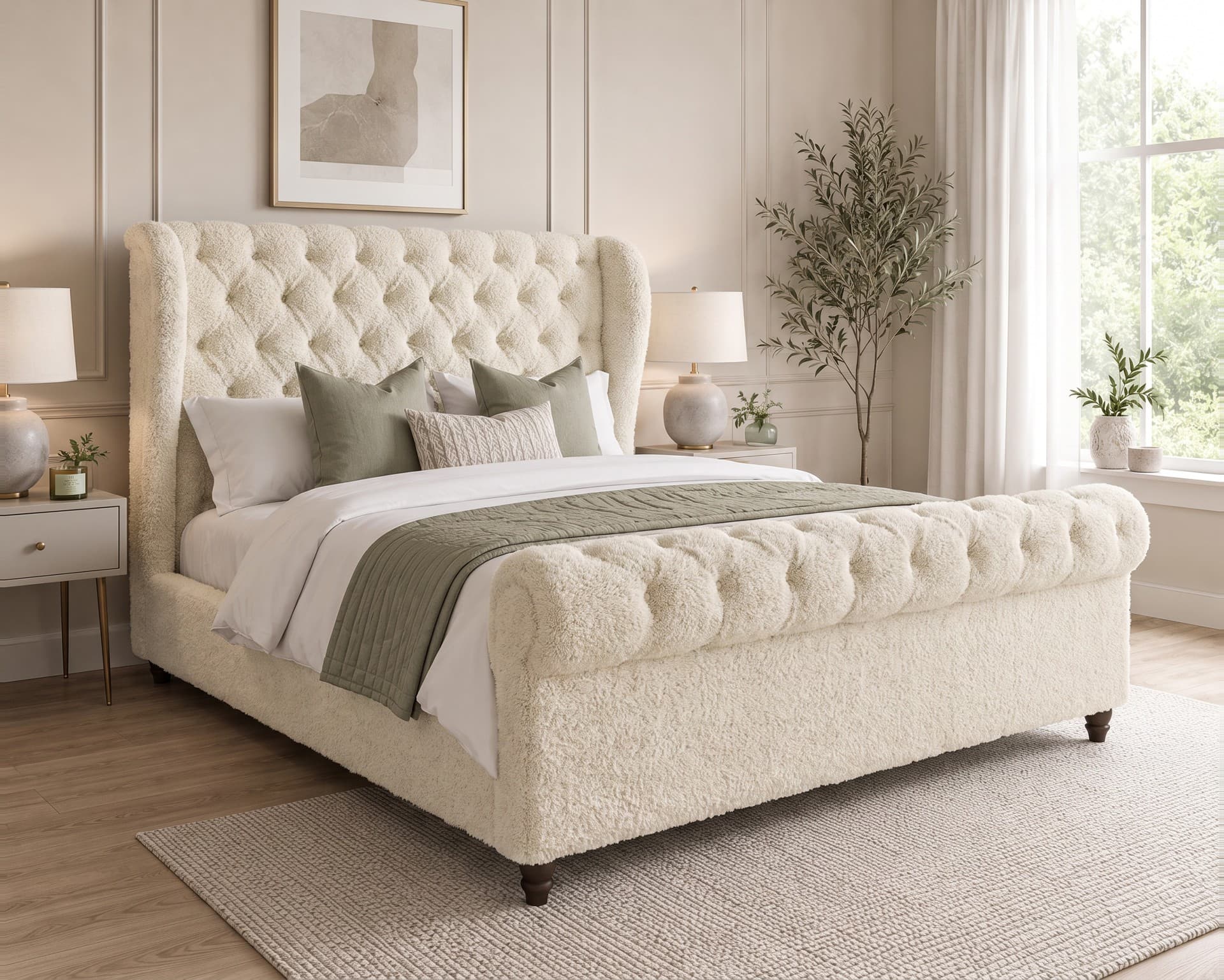 Sanayah Buttoned Sleigh Upholstered Bed Frame in teddy bouclé