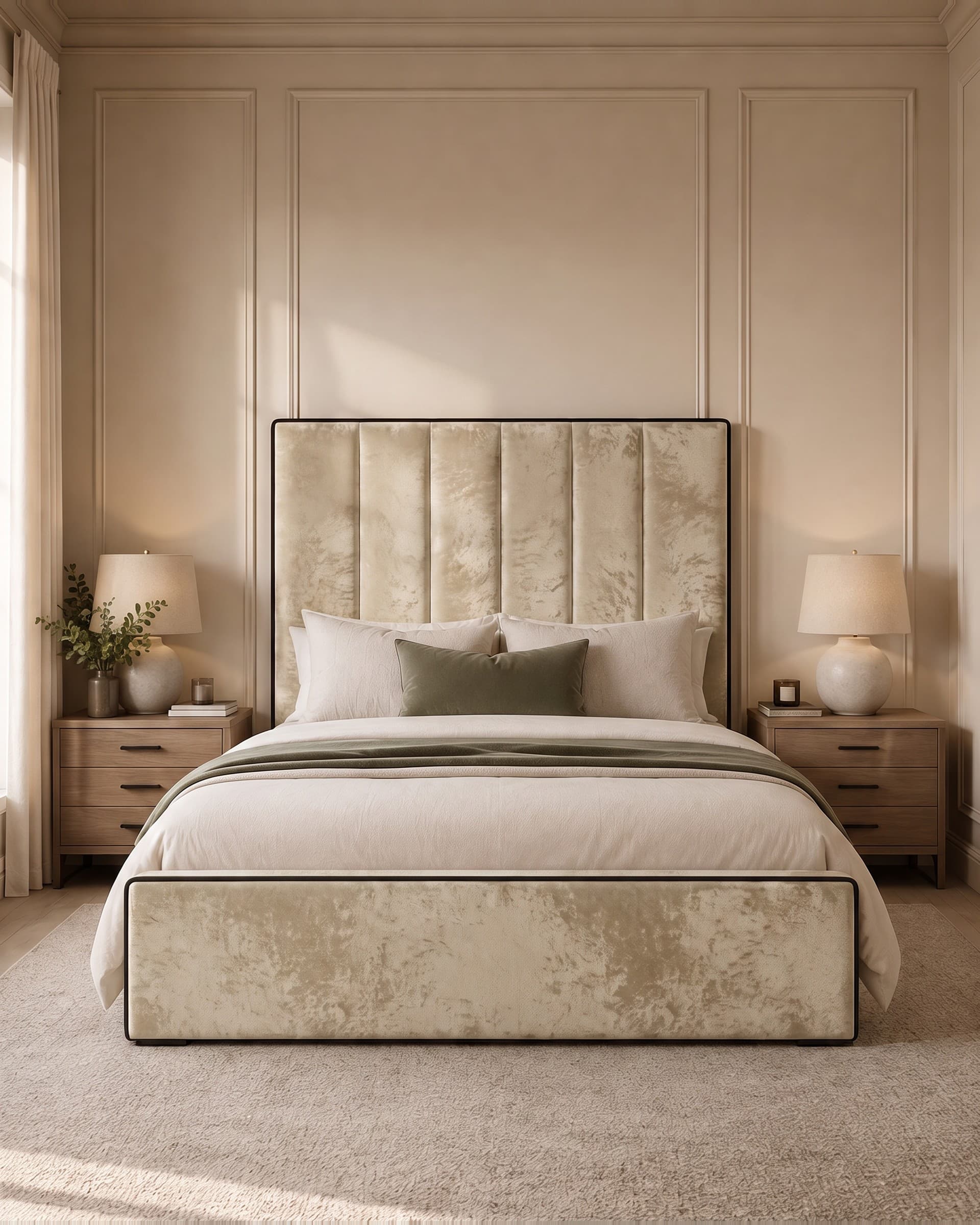 Serene Piped Panel Upholstered Bed Frame in crushed velvet