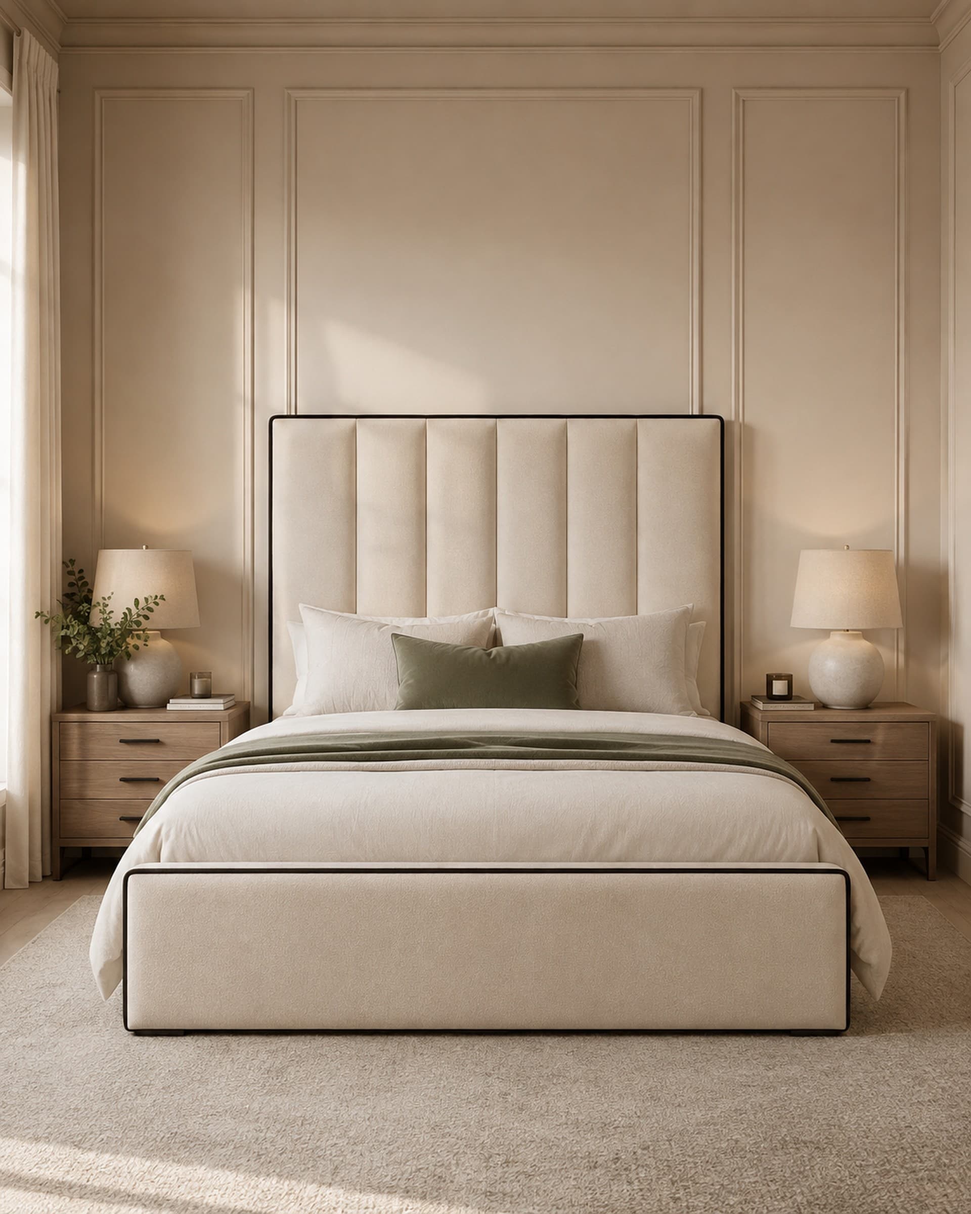 Serene Piped Panel Upholstered Bed Frame in French Velvet