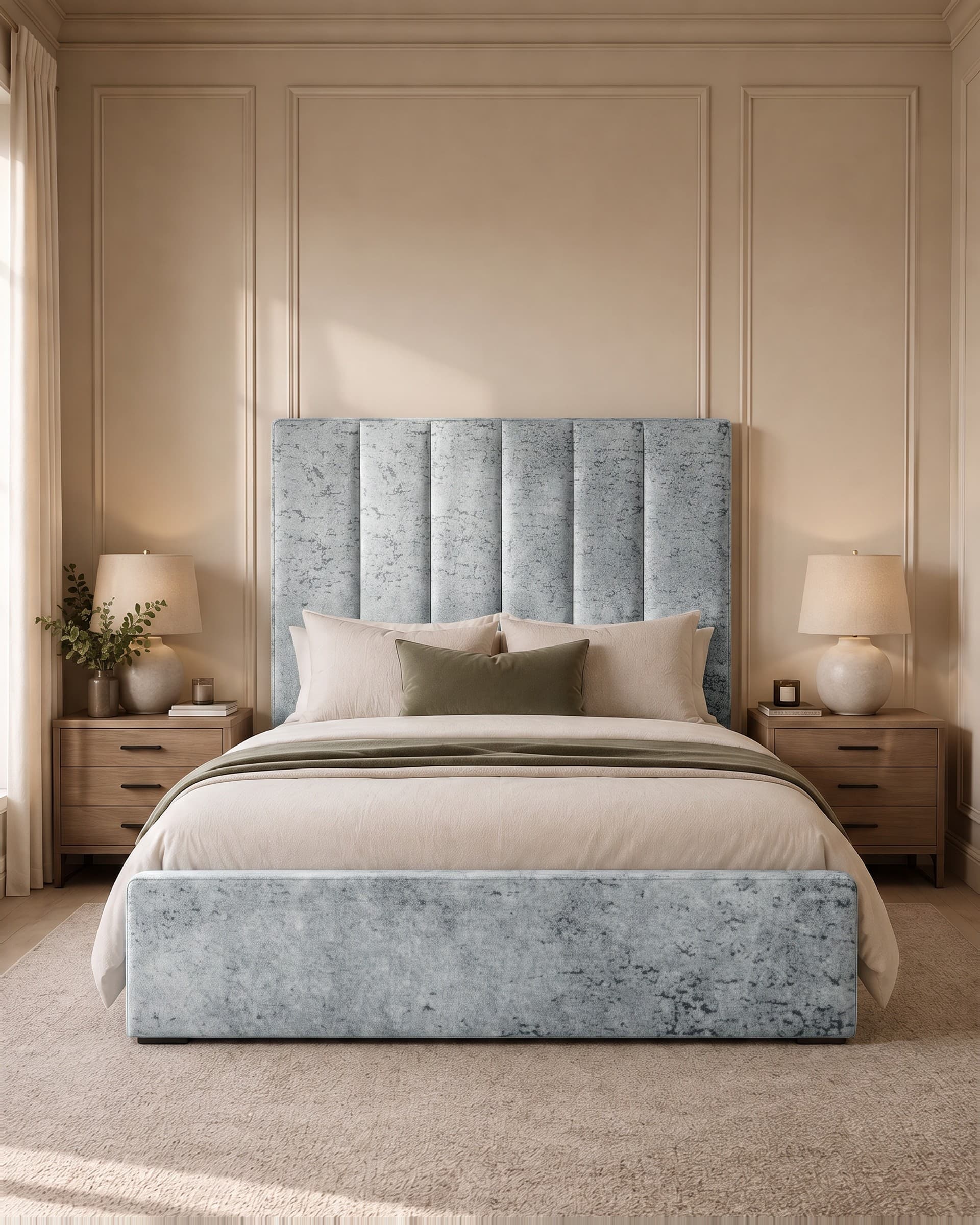 Serene Piped Panel Upholstered Bed Frame in silver Soft Marble velvet