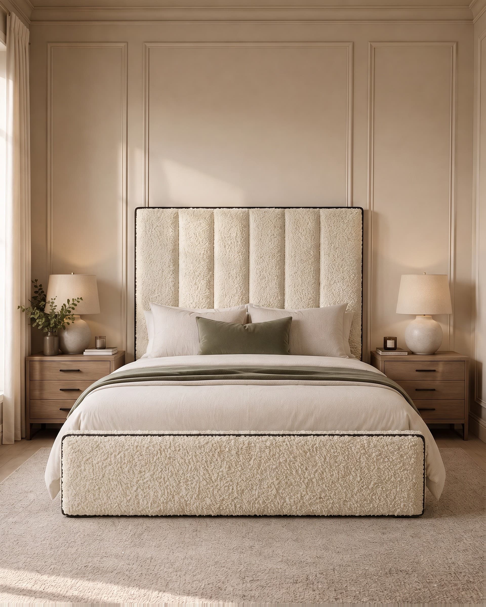 Serene Piped Panel Upholstered Bed Frame in teddy bouclé