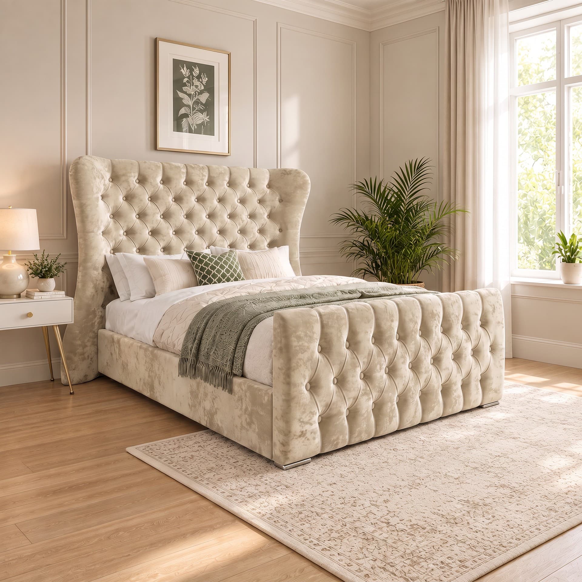 Suhavi Straight Winged Chesterfield Upholstered Bed Frame in crushed velvet