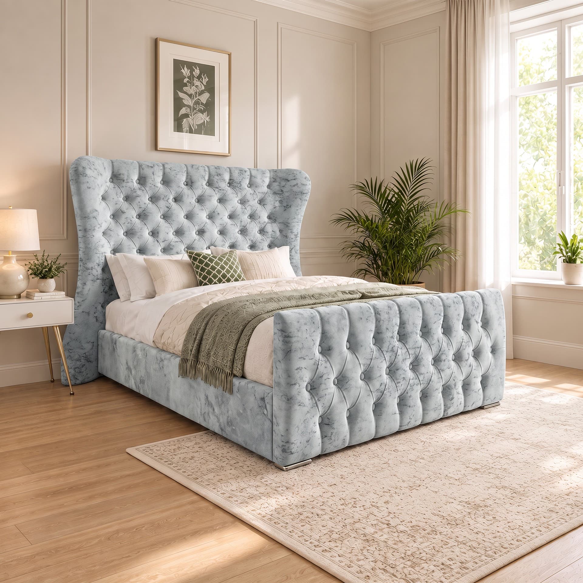 Suhavi Straight Winged Chesterfield Upholstered Bed Frame in silver Soft Marble velvet