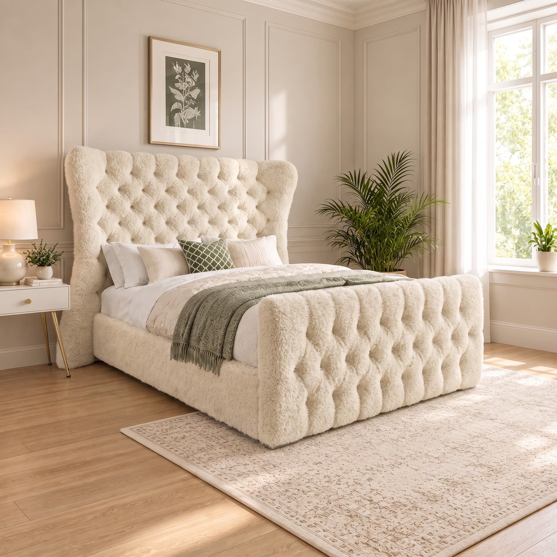 Suhavi Straight Winged Chesterfield Upholstered Bed Frame in teddy bouclé