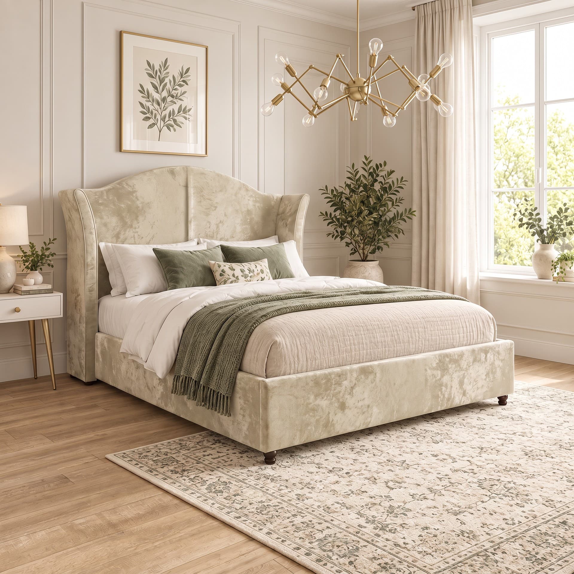 Tomey Piped Winged Upholstered Bed Frame in crushed velvet