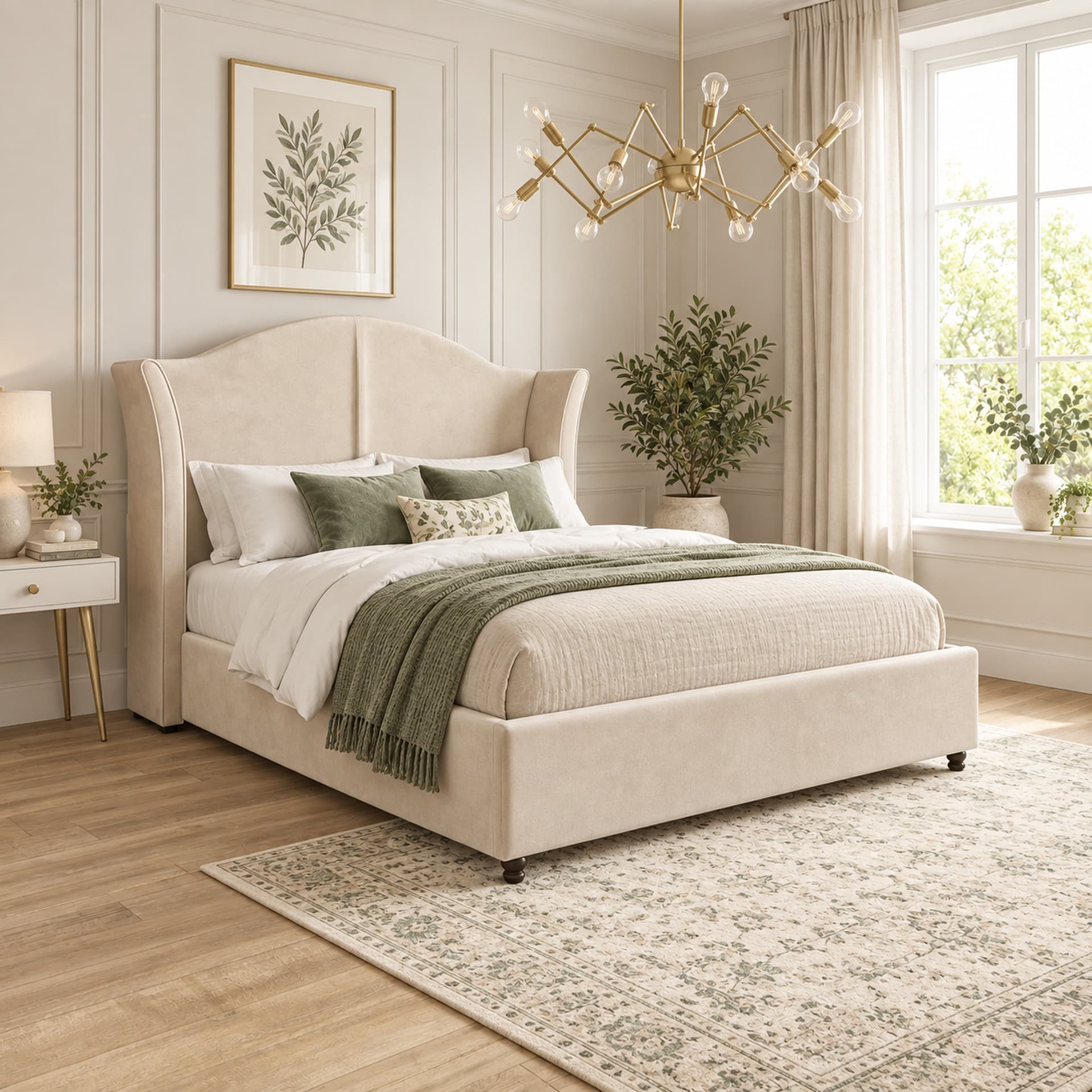 Tomey Piped Winged Upholstered Bed Frame in French Velvet