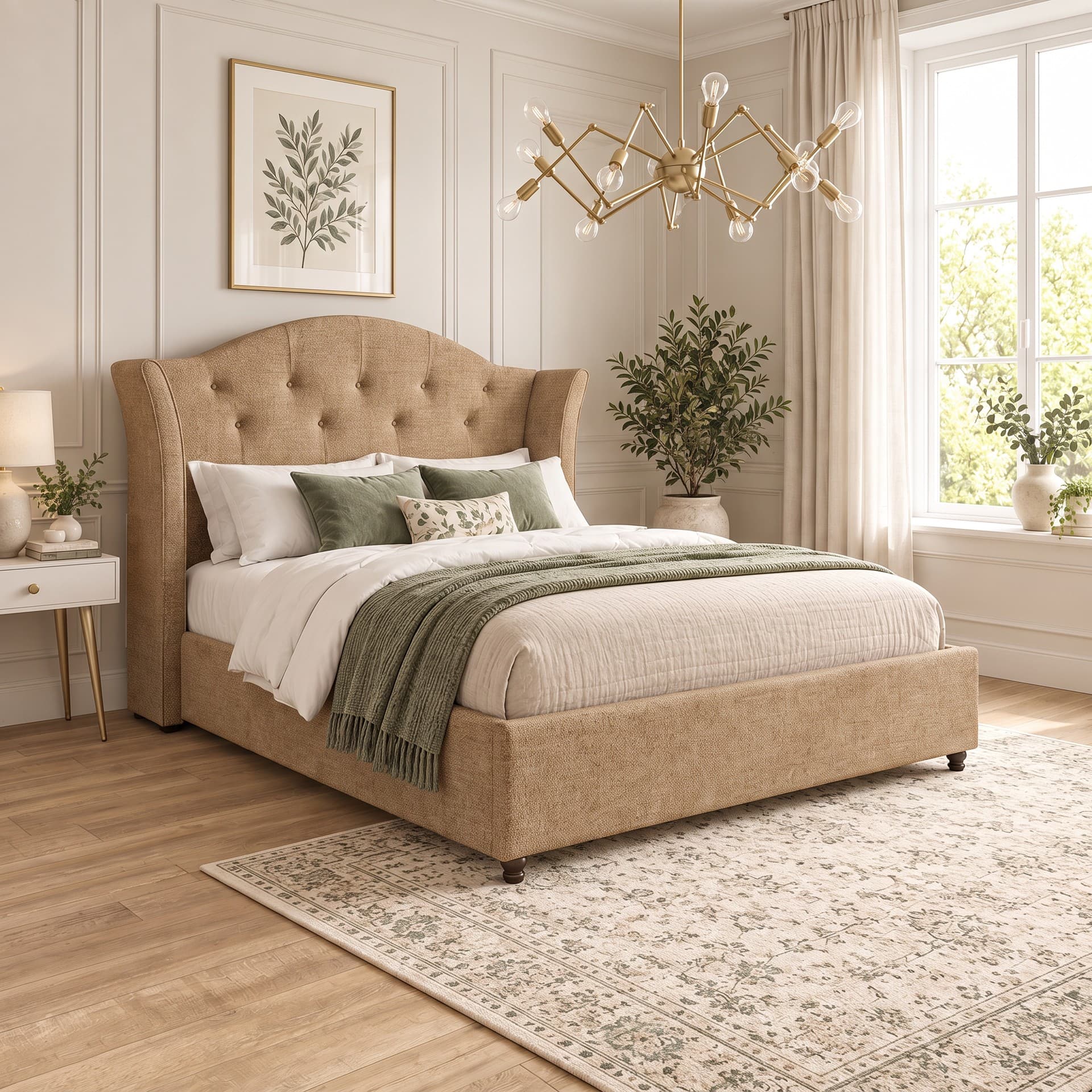 Tomey winged bed in latte linen-look fabric, with piped curved wings and a buttoned, arched headboard