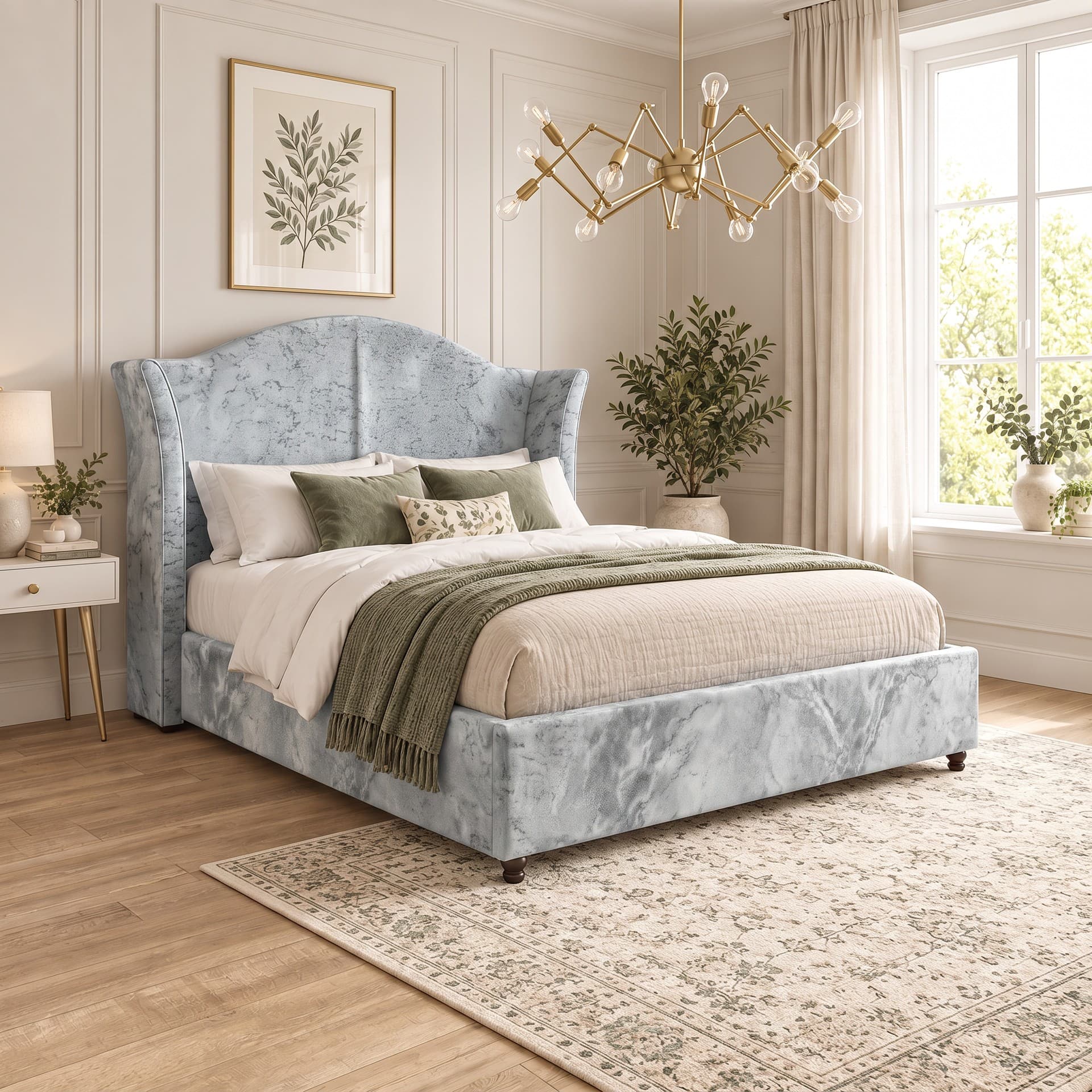 Tomey Piped Winged Upholstered Bed Frame in silver Soft Marble velvet