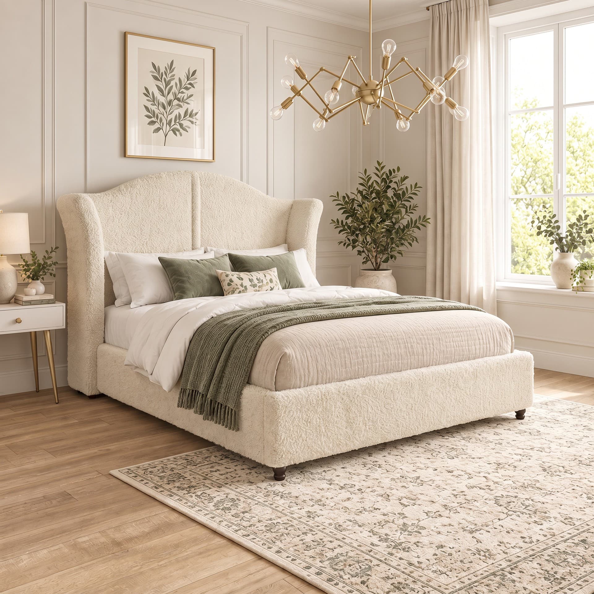 Tomey Piped Winged Upholstered Bed Frame in teddy bouclé