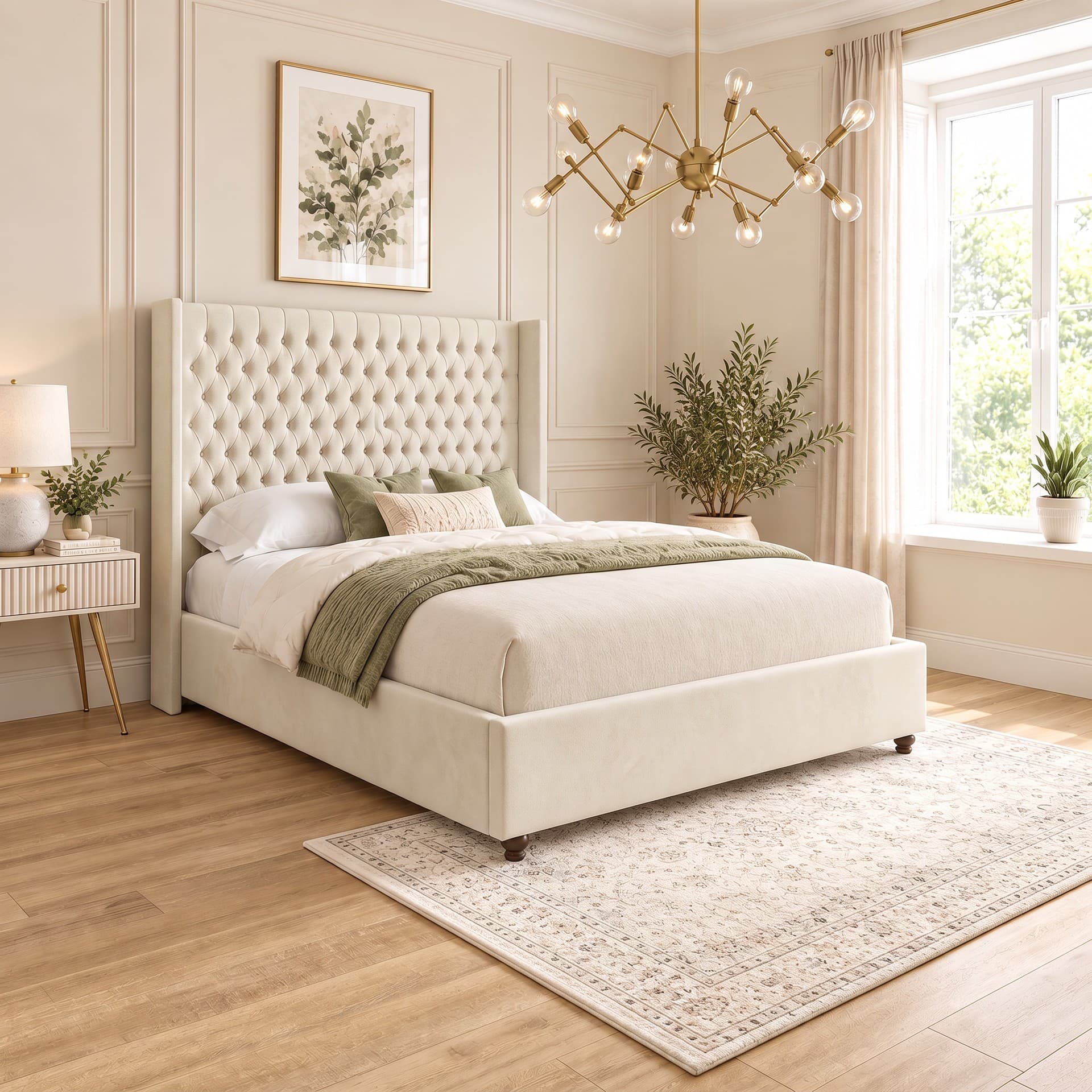 Vivian tall winged bed in cream Austin fabric, its deep-buttoned headboard rising well above the pillows in a panelled bedroom