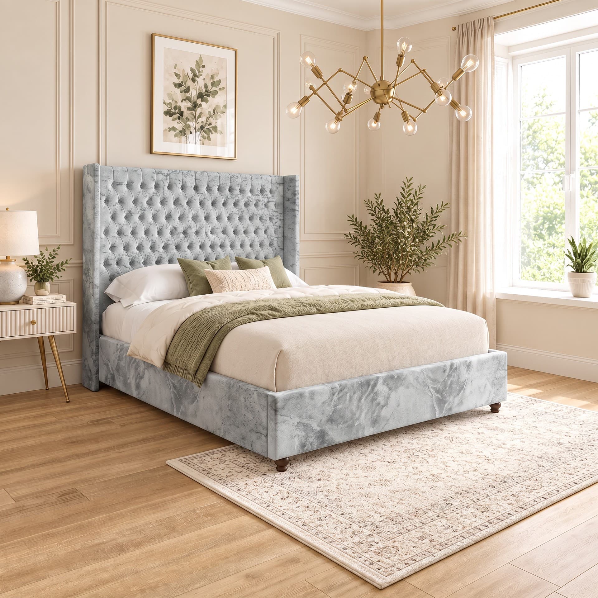 Vivian Tall Winged Upholstered Bed Frame in silver Soft Marble velvet