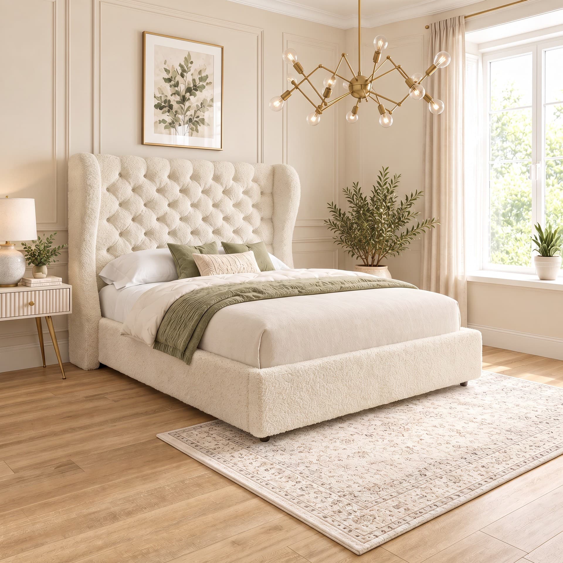 Vivian Tall Winged Upholstered Bed Frame in teddy bouclé
