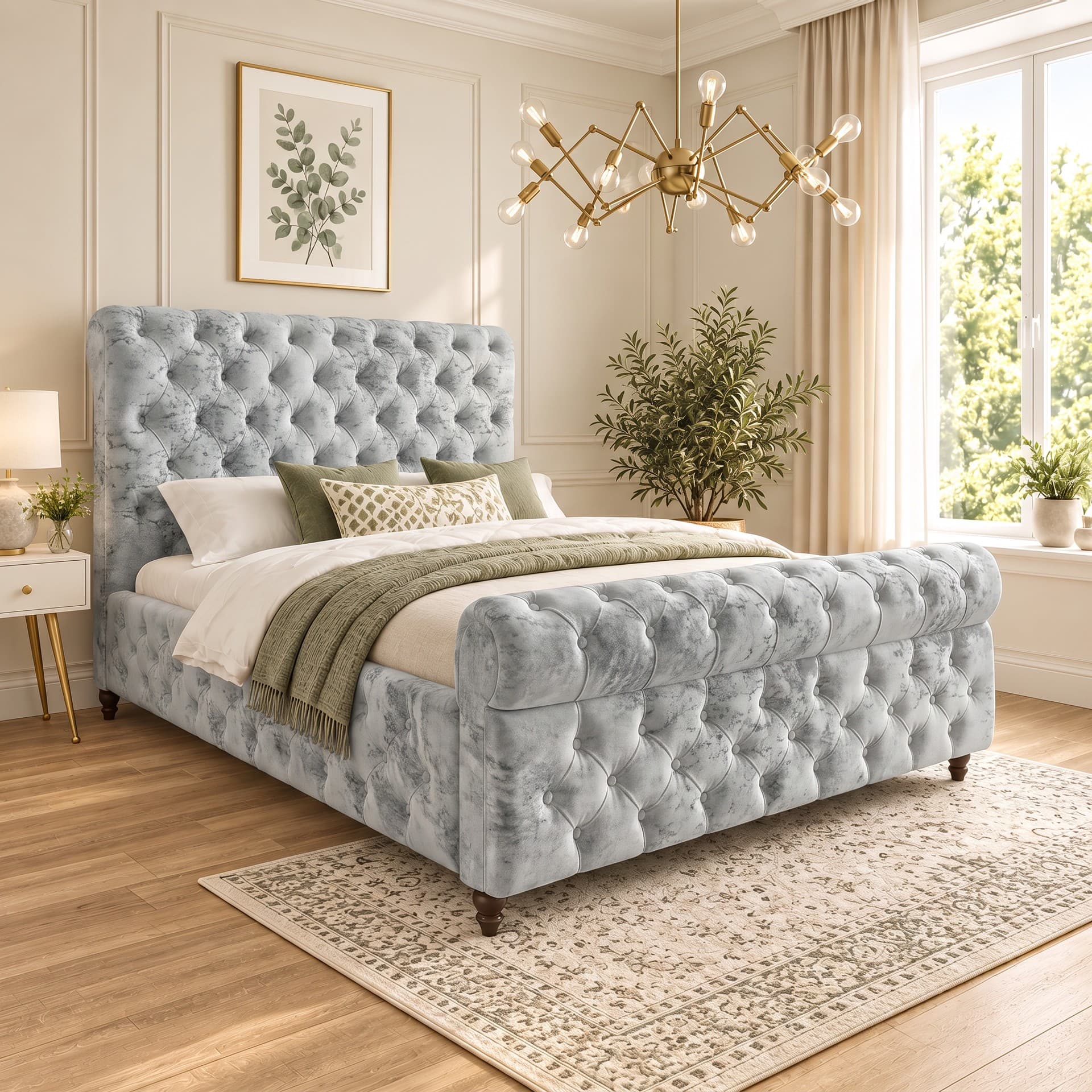 Weiss Sleigh Upholstered Bed Frame in silver Soft Marble velvet