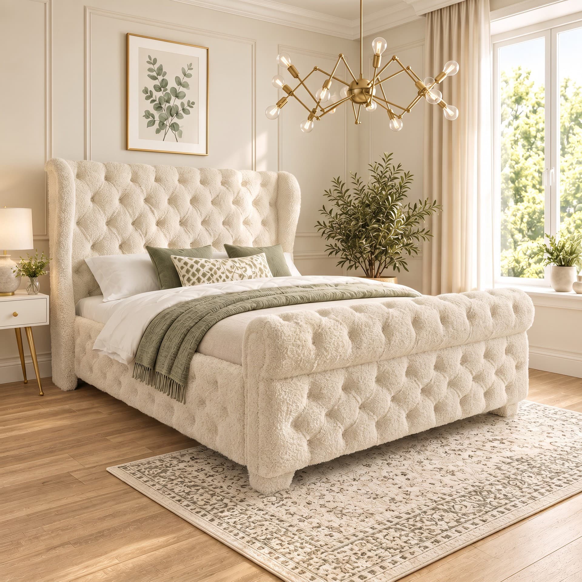 Weiss Sleigh Upholstered Bed Frame in teddy bouclé